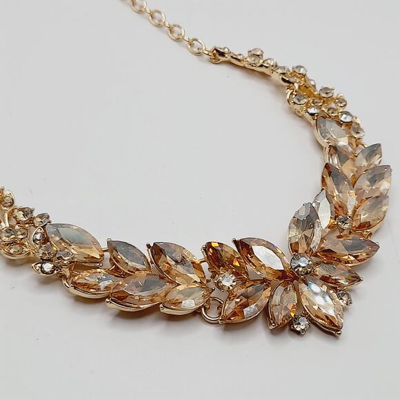 Gold Tone Crystal Rhinestone Statement Necklace, 19", Faceted Marquise Stones - Picture 8 of 10